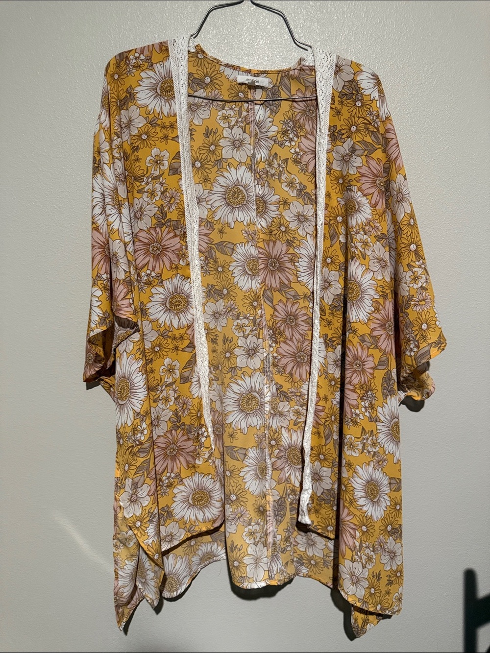 Maurices Mustard Yellow Floral Open-Front Kimono